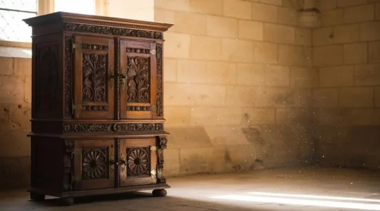 Cabinet Renaissance en bois sculpté dans un intérieur de château du Val de Loire, symbole de l'authenticité du mobilier d'époque face aux copies du XIXe siècle