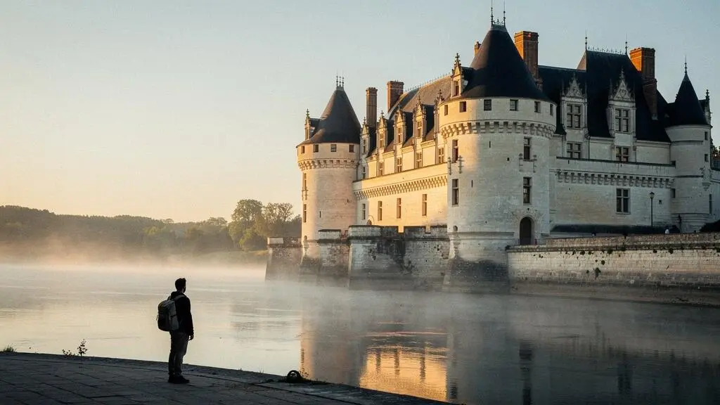 Vue panoramique du château d'Angers en tuffeau blanc et ardoise dominant la rivière Maine au crépuscule