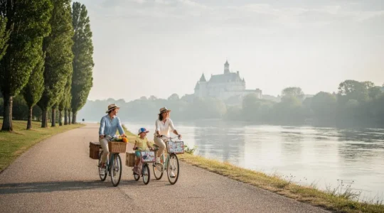 Famille à vélo longeant la Loire sur une voie verte ombragée avec un château en arrière-plan
