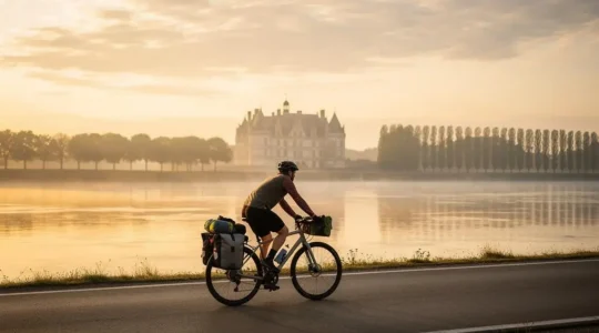 Cycliste équipé de sacoches roulant seul sur une levée de la Loire au lever du soleil, avec un château en arrière-plan