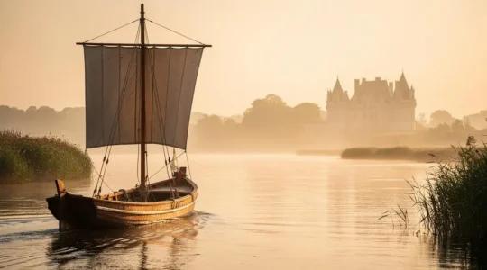 Gabare ligérienne à voile carrée glissant sur la Loire au petit matin, avec un château en arrière-plan