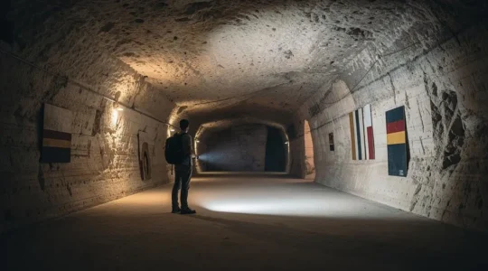 Vaste galerie souterraine creusée dans la pierre de tuffeau du Val de Loire, éclairée en clair-obscur