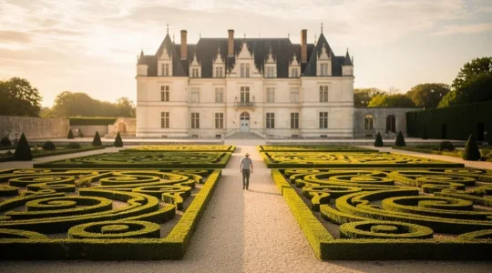 Vue en surplomb d'un jardin à la française avec parterres de buis géométriques et château en tuffeau en arrière-plan dans le Val de Loire