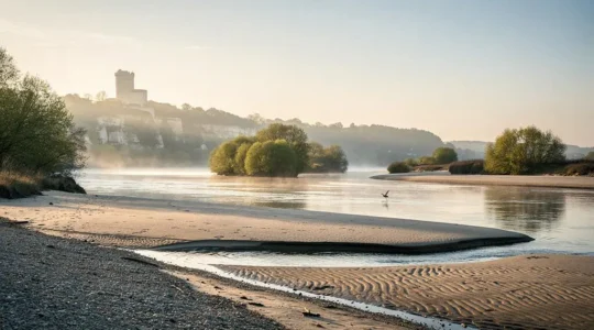 Vue panoramique du Val de Loire au lever du jour avec bancs de sable, méandre du fleuve et silhouette de château au loin