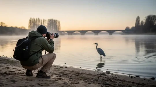 Photographe équipé d'un téléobjectif installé sur une berge sablonneuse de la Loire à l'aube, observant un héron en pleine action de pêche