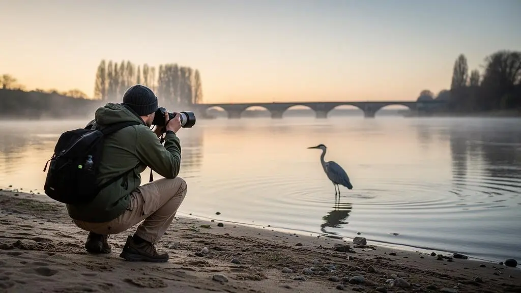 Photographe équipé d'un téléobjectif installé sur une berge sablonneuse de la Loire à l'aube, observant un héron en pleine action de pêche