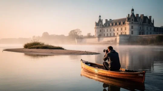 Photographe en kayak sur la Loire cadrant un château de la Renaissance depuis l'eau au lever du soleil