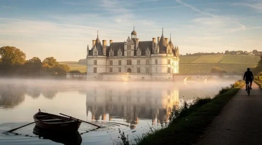 Vue panoramique d'un château de la Loire au bord du fleuve à l'heure dorée, illustrant un premier séjour de 4 jours dans la région