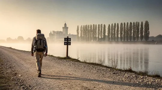 Randonneur avec sac à dos marchant seul sur une levée de la Loire au lever du jour, silhouette d'un château au loin