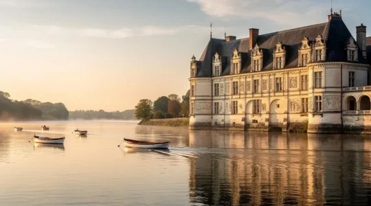 Silhouette d'un château Renaissance du Val de Loire au crépuscule, fusion de l'architecture française et des ornements italiens