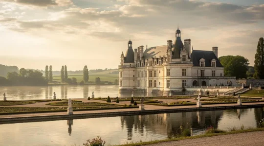 Château de la Loire baigné de lumière dorée en fin de journée, symbole du pouvoir royal français au bord du fleuve