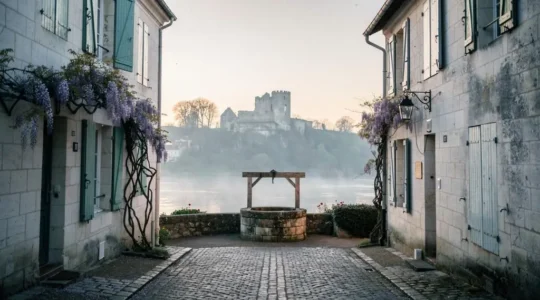 Ruelle pavée d'un village de caractère du Val de Loire baignée par la lumière dorée du matin, avec façades en pierre de tuffeau