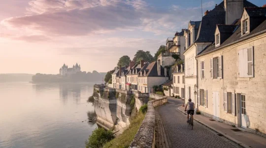 Vue panoramique d'un village de caractère au bord de la Loire avec ses toits de tuffeau et son château sur un coteau